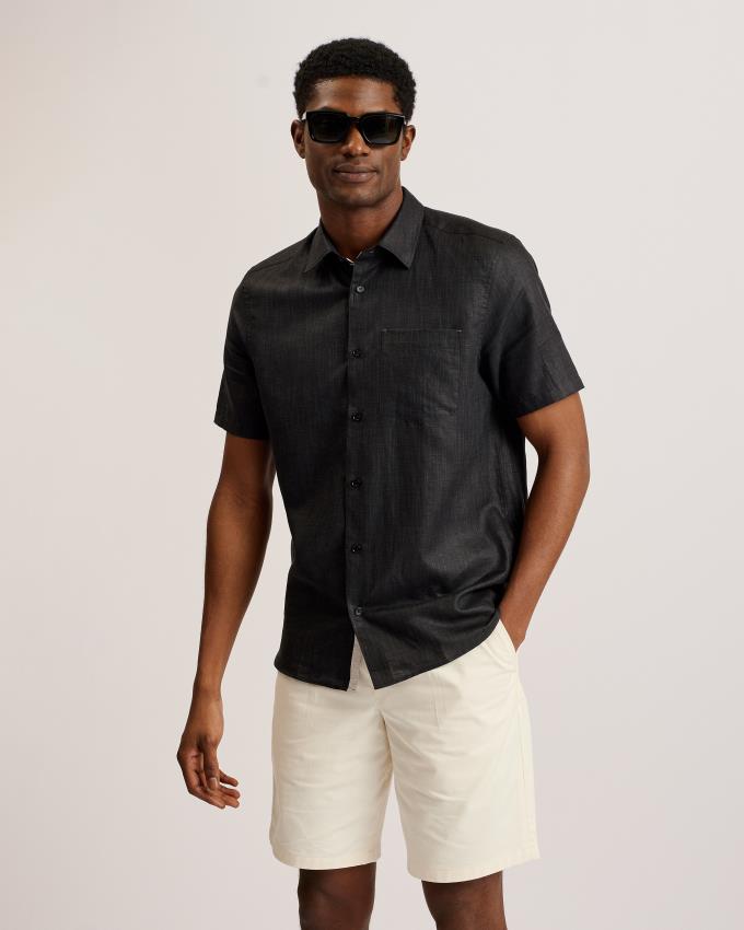 Chemises Ted Baker Short Sleeve Linen Cotton Noir Homme | HMN-60427530